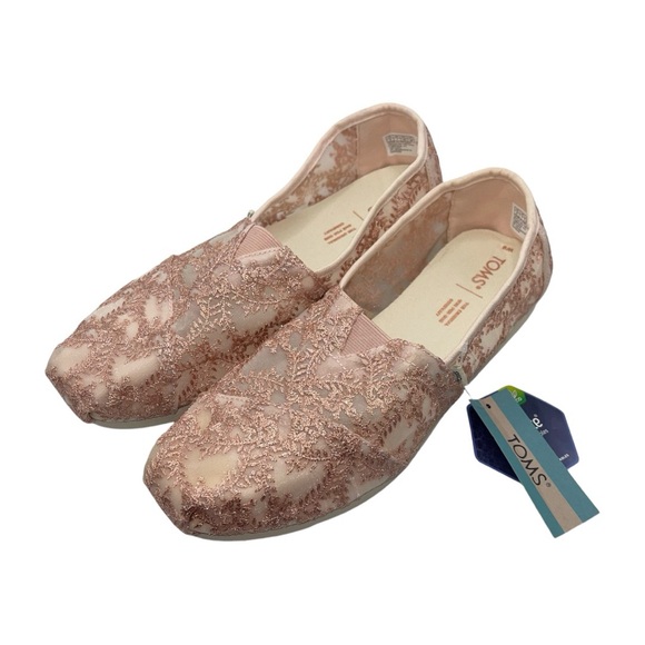 TOMS Alpargata Shoes Women's Size 9 US‎ Rose Gold Pink Hibiscus Floral Lace NWT - Picture 2 of 12
